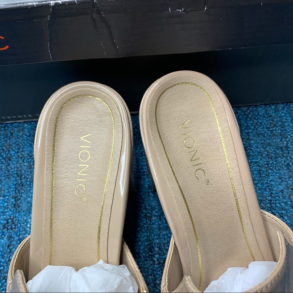 Vionic Plaza Annabel Patent Leather Slip On Heeled Mules in Sand - Picture 3 of 8